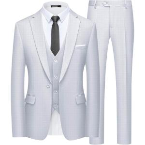 WULFUL Men’s Slim Fit Suit One Button 3-Piece Blazer Dress Business Wedding Party Jacket Vest & Pant(White-0127)