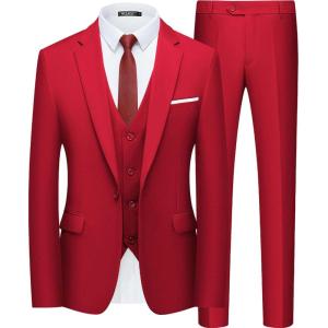 WULFUL Men’s Slim Fit Suit One Button 3-Piece Blazer Dress Business Wedding Party Jacket Vest & Pant(Wine Red)