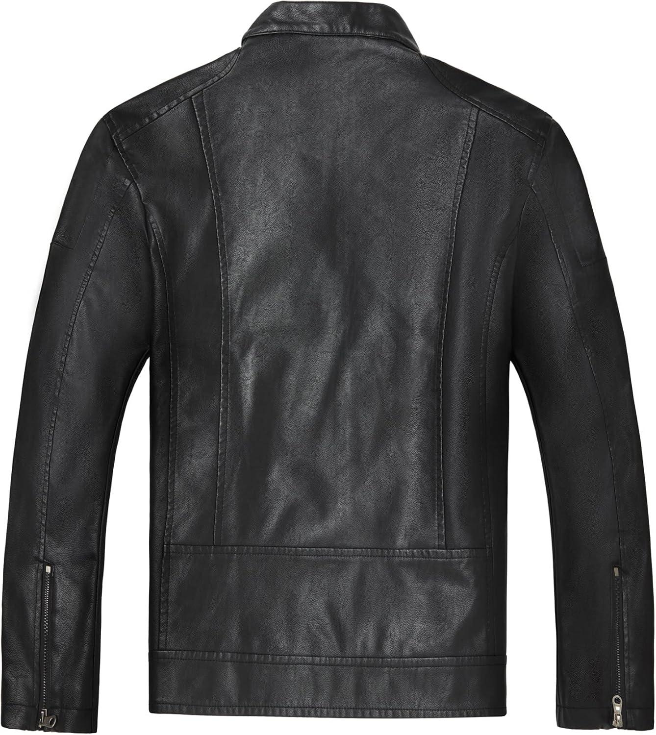 imageWULFUL Mens Stand Collar Leather Jacket Motorcycle Lightweight Faux Leather Outwear