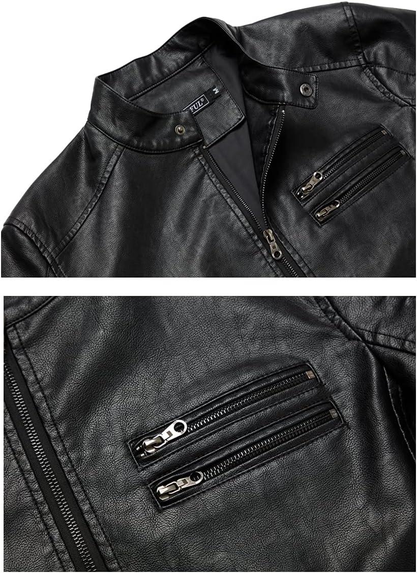 imageWULFUL Mens Stand Collar Leather Jacket Motorcycle Lightweight Faux Leather Outwear