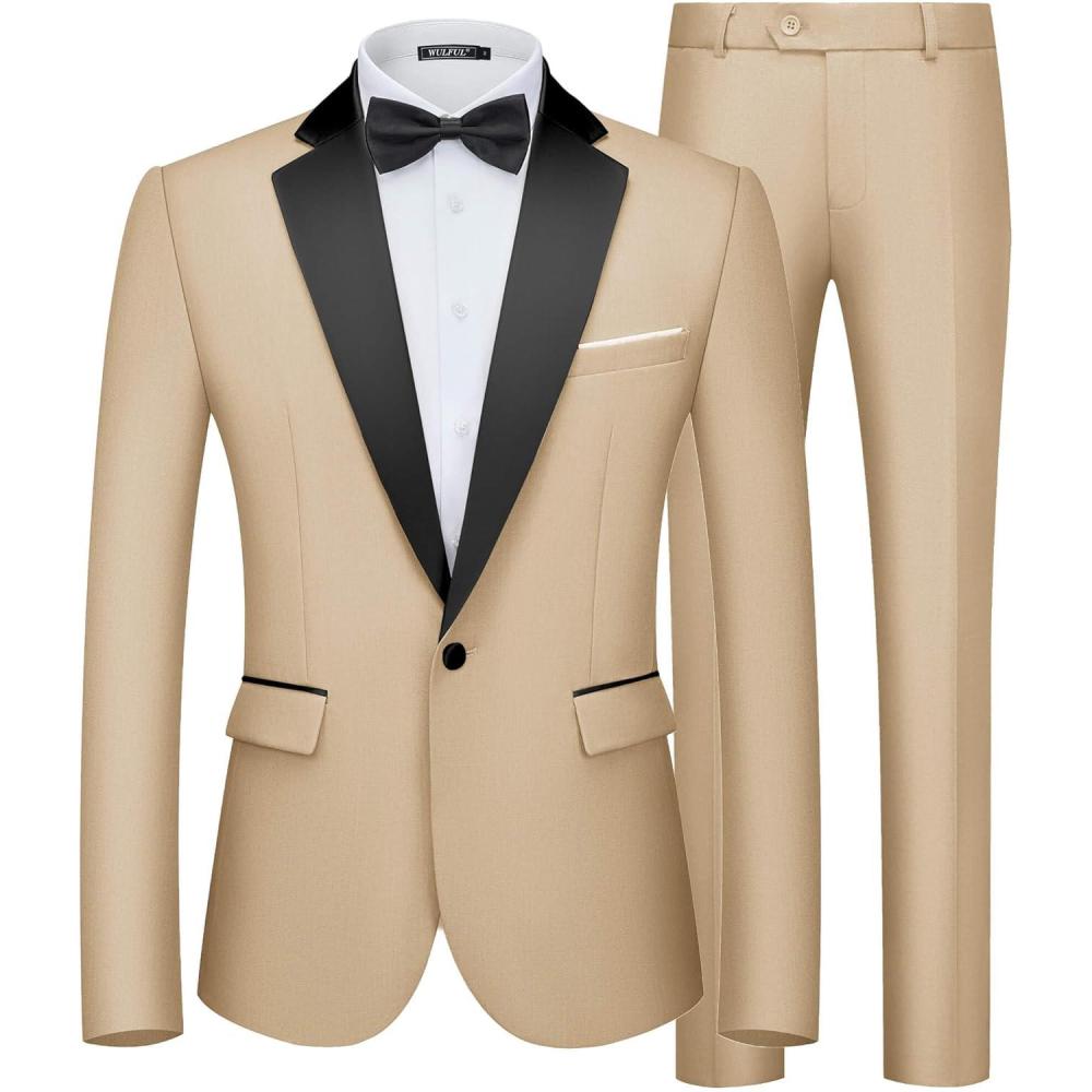 imageWULFUL Mens 2 Piece Slim Fit Suit Set One Button Blazer Jacket Pants Tuxedo Set for Prom Wedding and Business Light Brown
