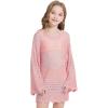 WULFUL Girl’s Crochet Long Sleeve Swimwear Cover Up Summer Beach Dress Swimsuit(Pink)