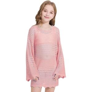 WULFUL Girl’s Crochet Long Sleeve Swimwear Cover Up Summer Beach Dress Swimsuit(Pink)