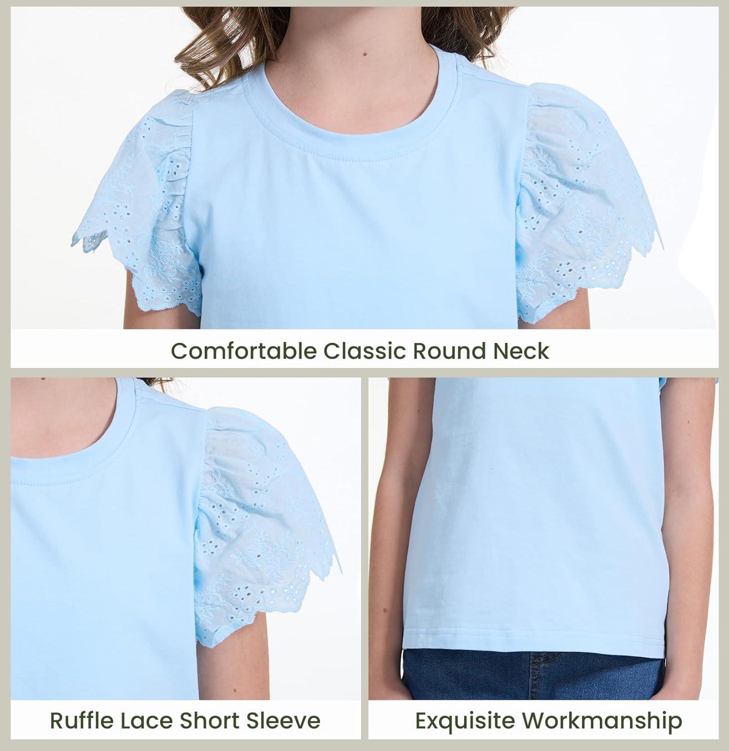 imageWULFUL Girls Shirts Fashion Cotton Summer Short Sleeve Tops Casual TShirts 415 Years OldLight Blue