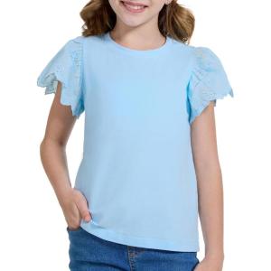 WULFUL Girls Shirts Fashion Cotton Summer Short Sleeve Tops Casual T-Shirts 4-15 Years Old(Light Blue)