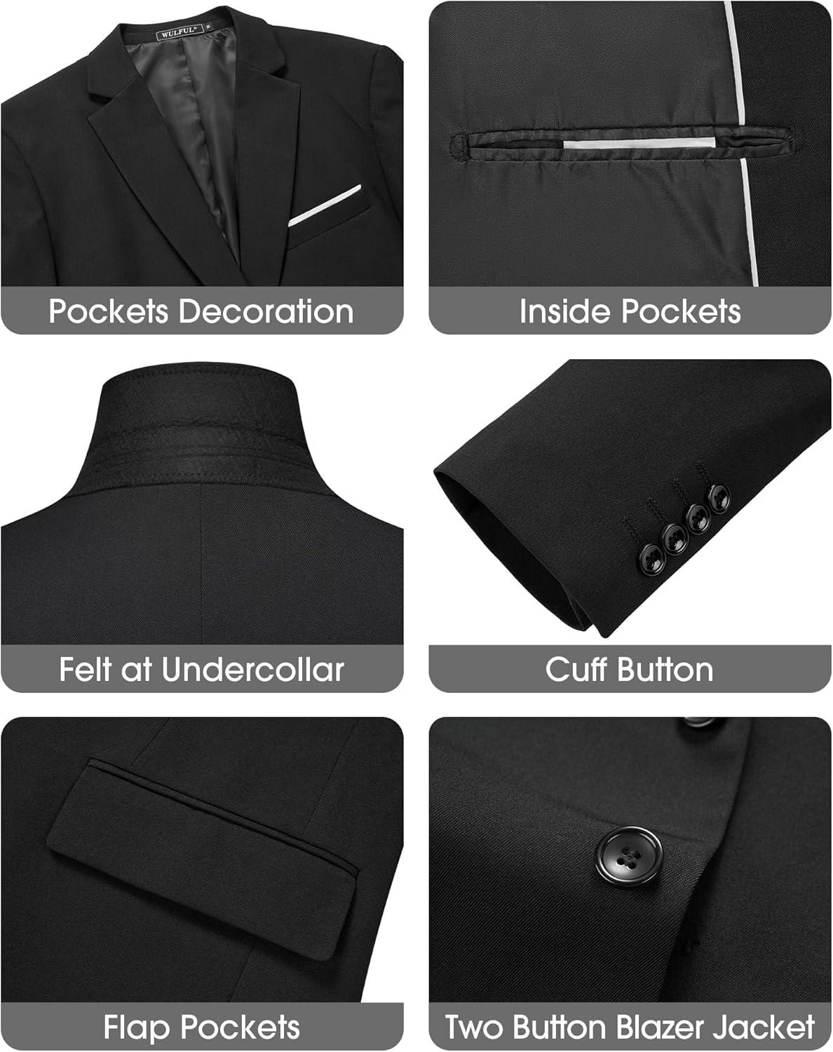 imageWULFUL Mens Slim Fit 3 Piece Suits Two Button Blazer Vest amp Pants Tuxedo Set for Business Wedding PartyBlack