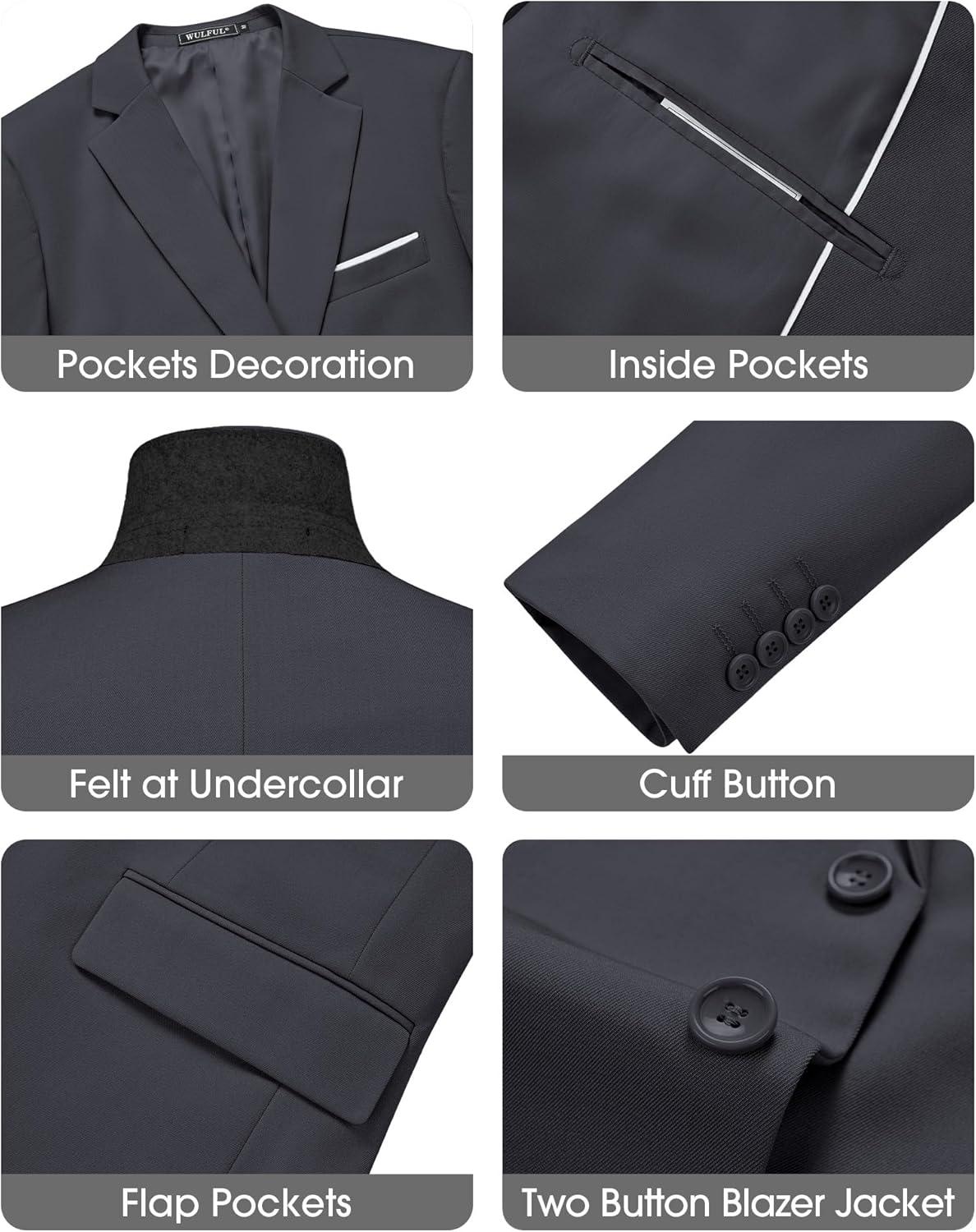 imageWULFUL Mens Slim Fit 3 Piece Suits Two Button Blazer Vest amp Pants Tuxedo Set for Business Wedding PartyDark Grey