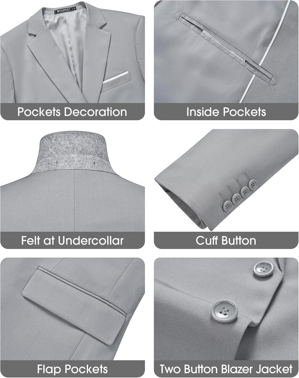imageWULFUL Mens Slim Fit 3 Piece Suits Two Button Blazer Vest amp Pants Tuxedo Set for Business Wedding PartyLight Gray
