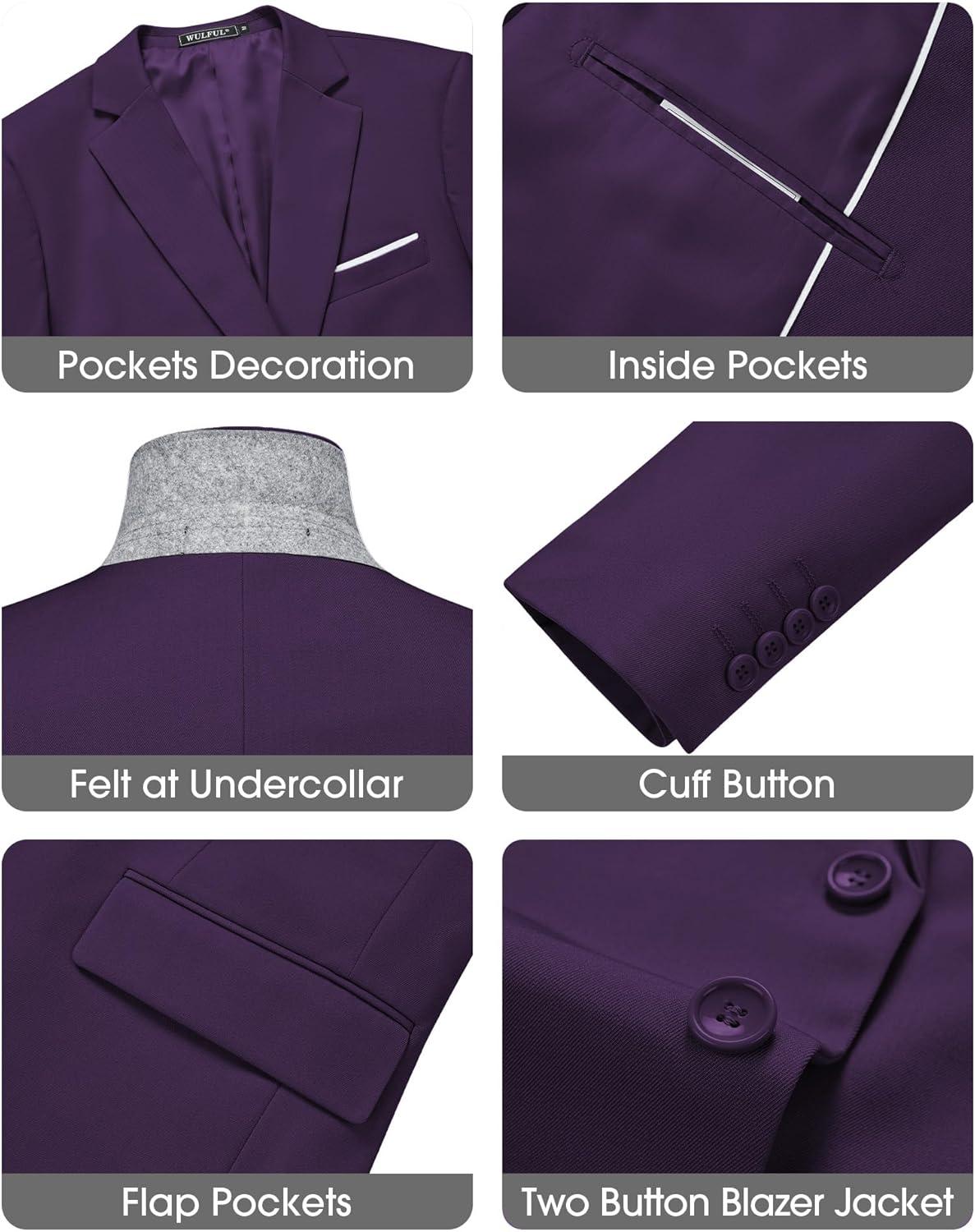 imageWULFUL Mens Slim Fit 3 Piece Suits Two Button Blazer Vest amp Pants Tuxedo Set for Business Wedding PartyPurple