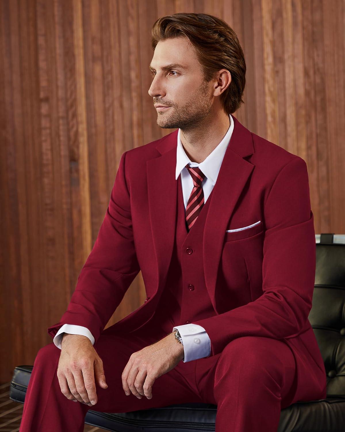 imageWULFUL Mens Slim Fit 3 Piece Suits Two Button Blazer Vest amp Pants Tuxedo Set for Business Wedding PartyRed
