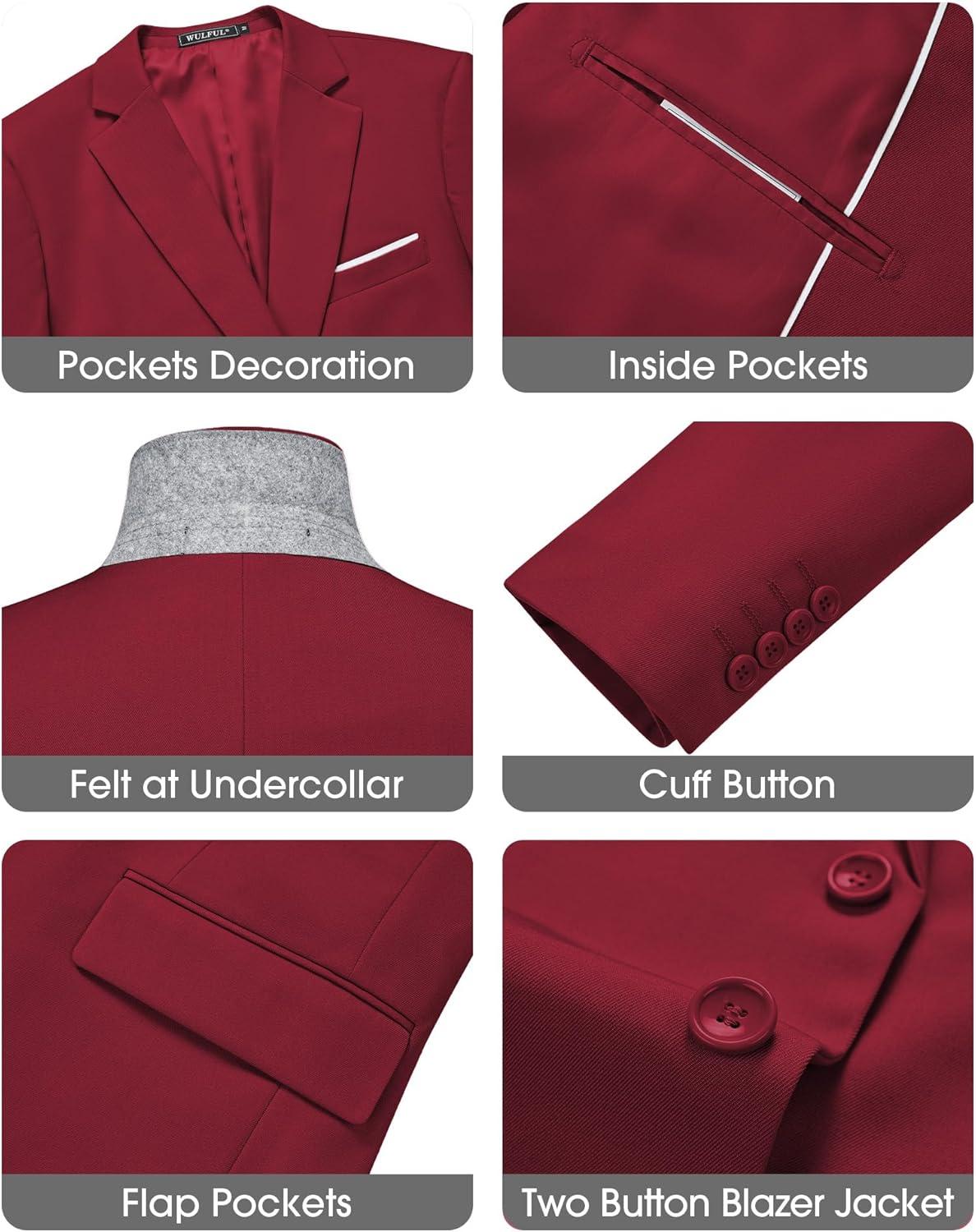 imageWULFUL Mens Slim Fit 3 Piece Suits Two Button Blazer Vest amp Pants Tuxedo Set for Business Wedding PartyRed