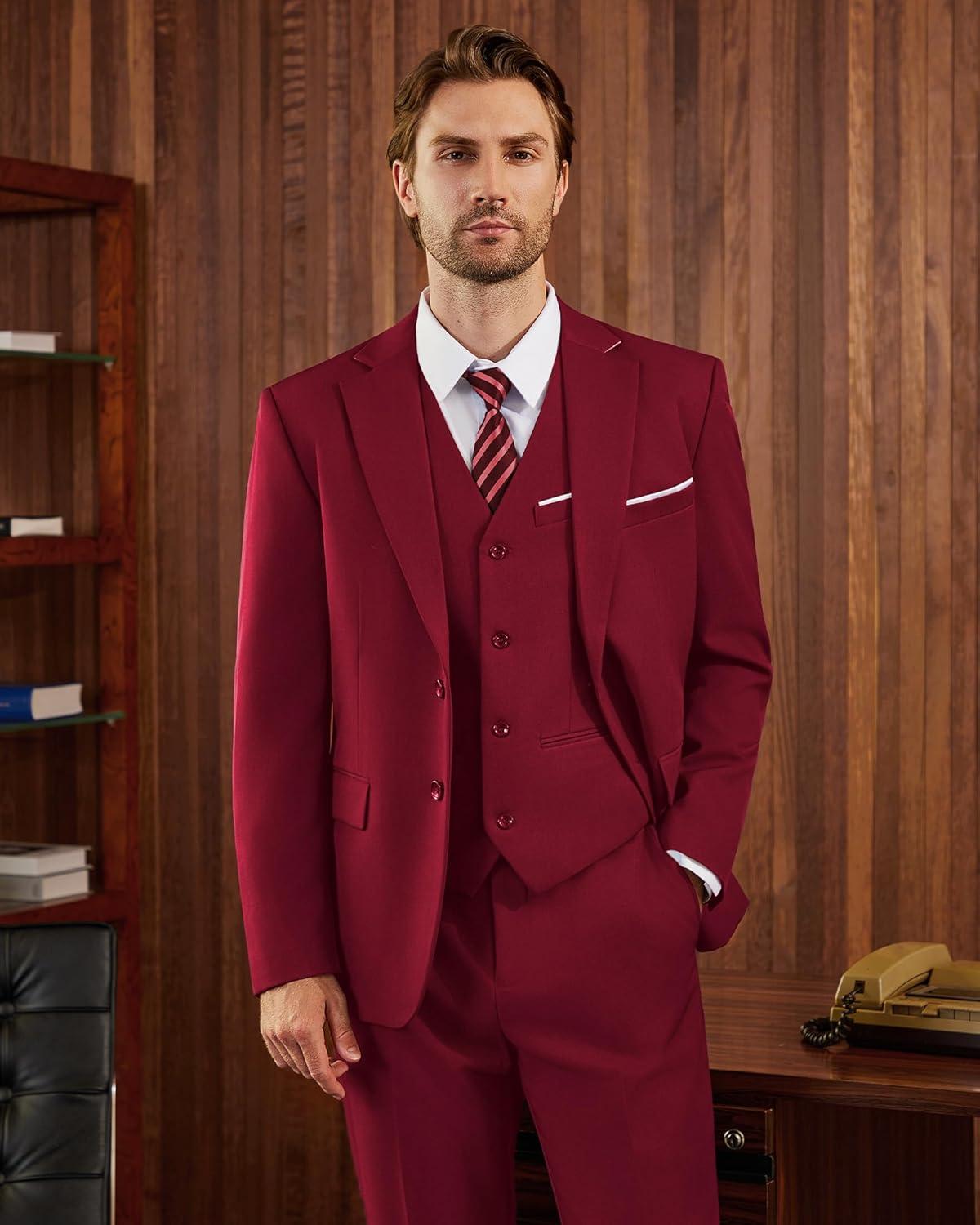 imageWULFUL Mens Slim Fit 3 Piece Suits Two Button Blazer Vest amp Pants Tuxedo Set for Business Wedding PartyRed