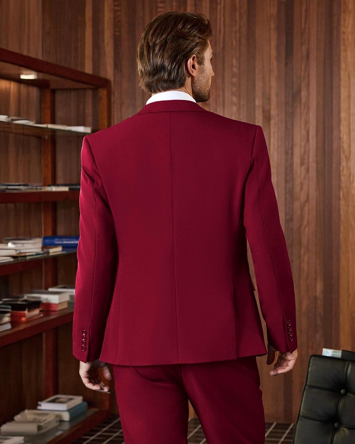 imageWULFUL Mens Slim Fit 3 Piece Suits Two Button Blazer Vest amp Pants Tuxedo Set for Business Wedding PartyRed