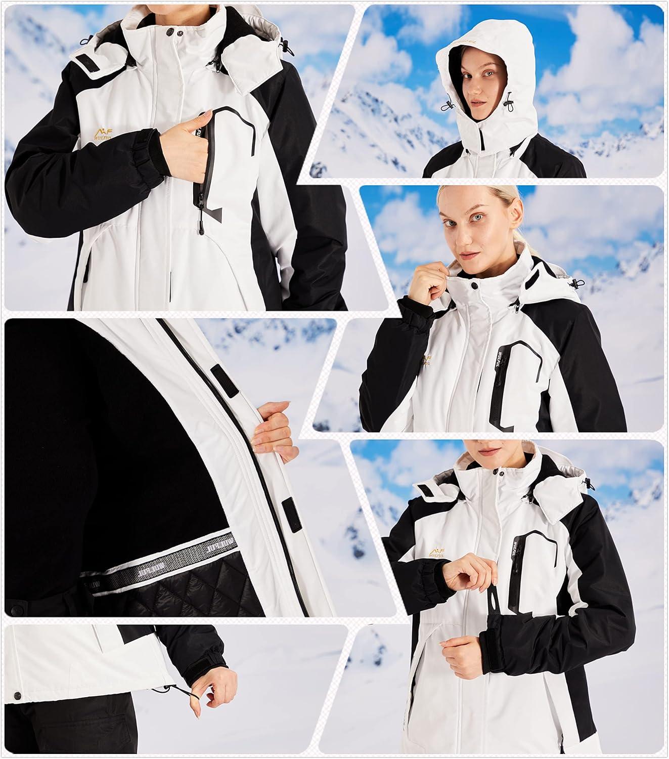 imageWULFUL Womens Waterproof Snow Ski Jacket Mountain Windproof Winter Coat with Detachable Hood