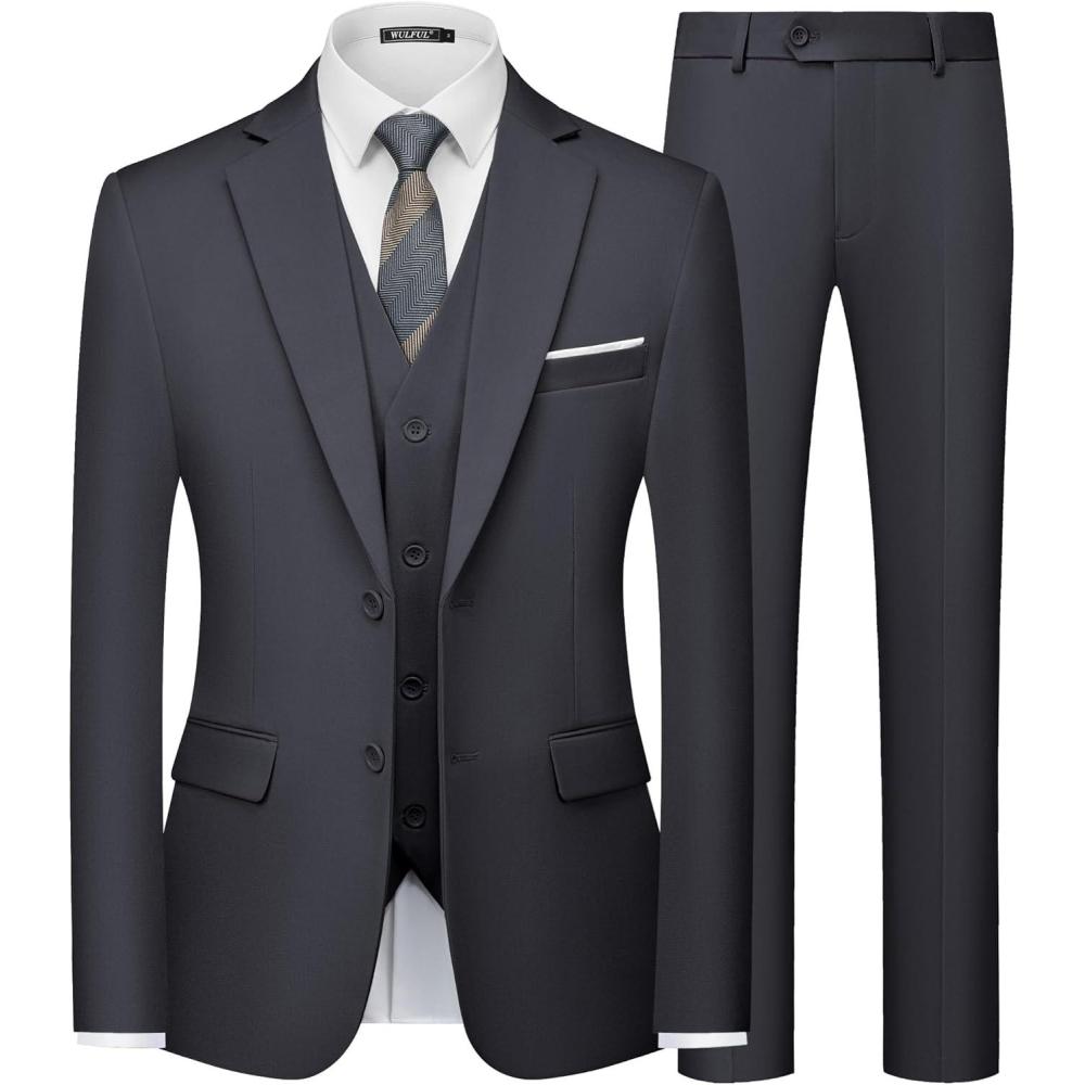 imageWULFUL Mens Slim Fit 3 Piece Suits Two Button Blazer Vest amp Pants Tuxedo Set for Business Wedding PartyDark Grey