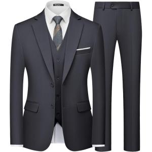 WULFUL Men’s Slim Fit 3 Piece Suits Two Button Blazer Vest & Pants Tuxedo Set for Business Wedding Party(Dark Grey)