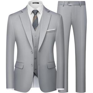 WULFUL Men’s Slim Fit 3 Piece Suits Two Button Blazer Vest & Pants Tuxedo Set for Business Wedding Party(Light Gray)