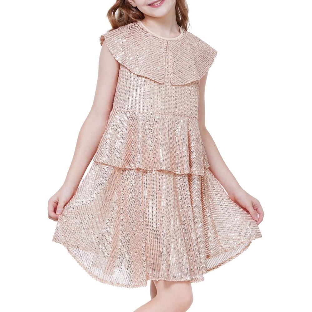 imageWULFUL Girls Sequin Dress Sparkly Party Aline Flutter Neckline DualLayer Holiday Prom Formal Dresses 512YChampagne