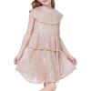 WULFUL Girls Sequin Dress Sparkly Party A-line Flutter Neckline Dual-Layer Holiday Prom Formal Dresses 5-12Y(Champagne)