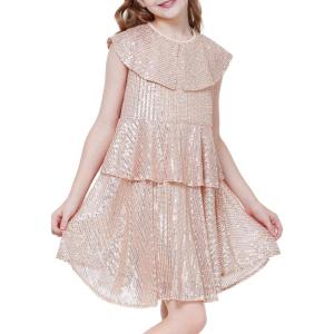 WULFUL Girls Sequin Dress Sparkly Party A-line Flutter Neckline Dual-Layer Holiday Prom Formal Dresses 5-12Y(Champagne)