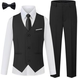 WULFUL Boys Suits 5-Pieces Formal Slim Fit Tuxedo Suit Set,Teen Suits for Wedding Ring Bearer Church Outfit(Black)
