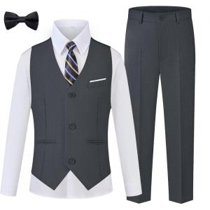 WULFUL Boys Suits 5-Pieces Formal Slim Fit Tuxedo Suit Set,Teen Suits for Wedding Ring Bearer Church Outfit(Dark Grey)
