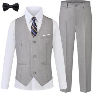 WULFUL Boys Suits 5-Pieces Formal Slim Fit Tuxedo Suit Set,Teen Suits for Wedding Ring Bearer Church Outfit(Light Grey)