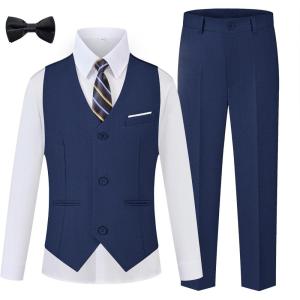 WULFUL Boys Suits 5-Pieces Formal Slim Fit Tuxedo Suit Set,Teen Suits for Wedding Ring Bearer Church Outfit(Navy)