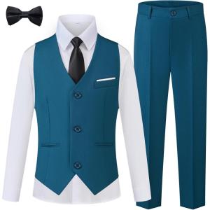 WULFUL Boys Suits 5-Pieces Formal Slim Fit Tuxedo Suit Set,Teen Suits for Wedding Ring Bearer Church Outfit(Sea Blue)