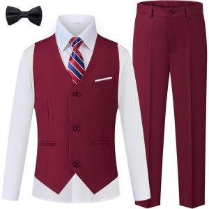 WULFUL Boys Suits 5-Pieces Formal Slim Fit Tuxedo Suit Set,Teen Suits for Wedding Ring Bearer Church Outfit(Wine Red)
