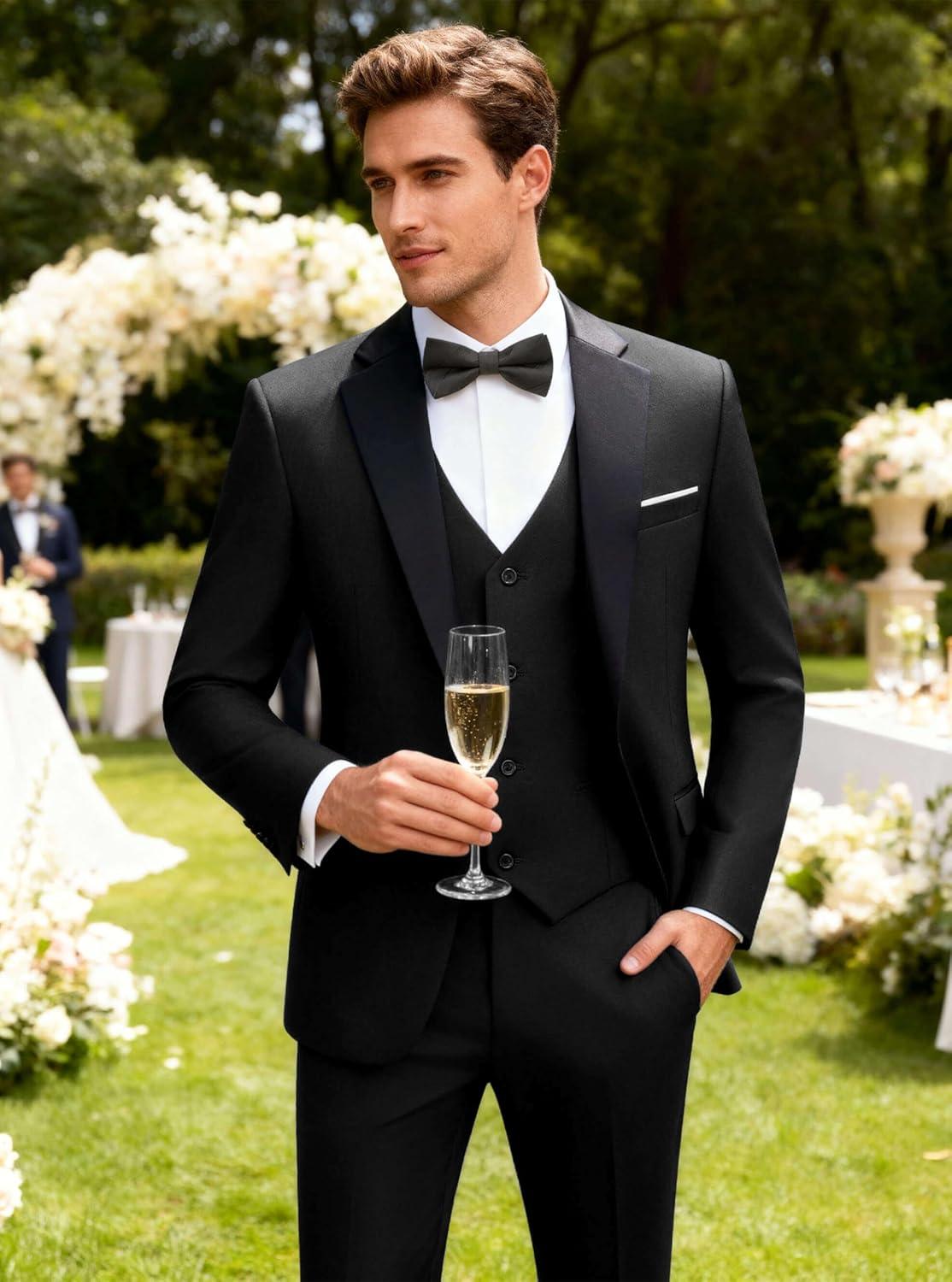 imageWULFUL Mens 3 Piece Suits Slim Fit Tuxedo Suit Set One Button Shawl Lapel Blazer Jacket Vest Pants Set for Prom BusinessBlacknotch Lapel