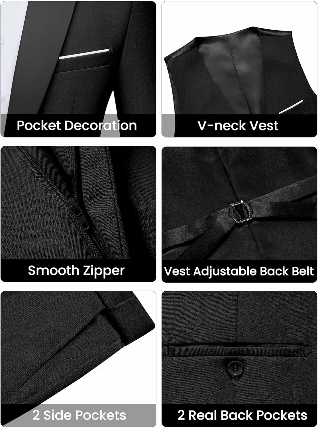 imageWULFUL Mens 3 Piece Suits Slim Fit Tuxedo Suit Set One Button Shawl Lapel Blazer Jacket Vest Pants Set for Prom BusinessBlacknotch Lapel
