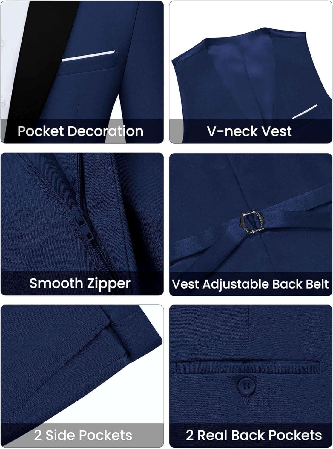 imageWULFUL Mens 3 Piece Suits Slim Fit Tuxedo Suit Set One Button Shawl Lapel Blazer Jacket Vest Pants Set for Prom BusinessNavynotch Lapel