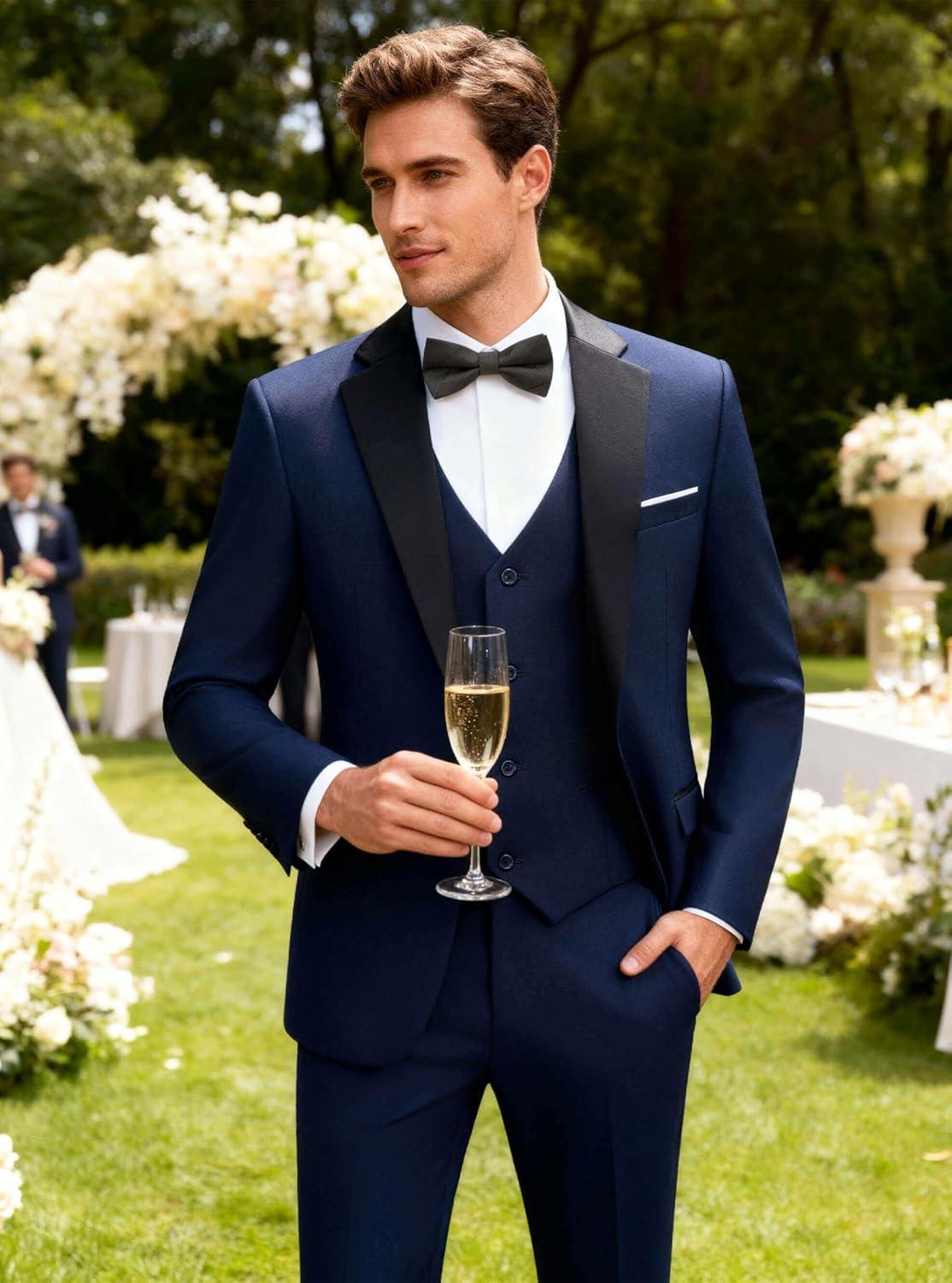 imageWULFUL Mens 3 Piece Suits Slim Fit Tuxedo Suit Set One Button Shawl Lapel Blazer Jacket Vest Pants Set for Prom BusinessNavynotch Lapel
