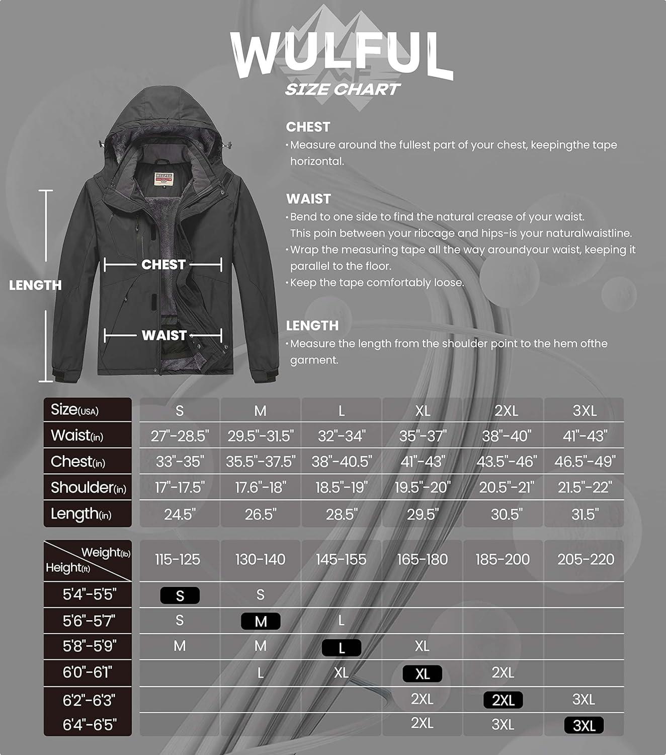 imageWULFUL Mens Waterproof Ski Jacket Warm Winter Coats Windproof Winter Jackets for Men Fleece Lined Windbreaker with Hood