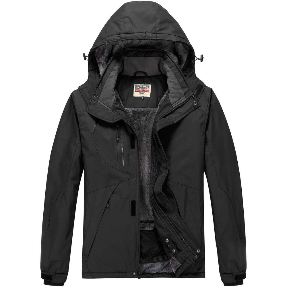 imageWULFUL Mens Waterproof Ski Jacket Warm Winter Coats Windproof Winter Jackets for Men Fleece Lined Windbreaker with Hood