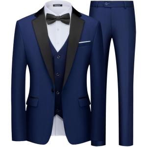 WULFUL Men’s 3 Piece Suits Slim Fit Tuxedo Suit Set One Button Shawl Lapel Blazer Jacket Vest Pants Set for Prom, Business(Navy-notch Lapel)