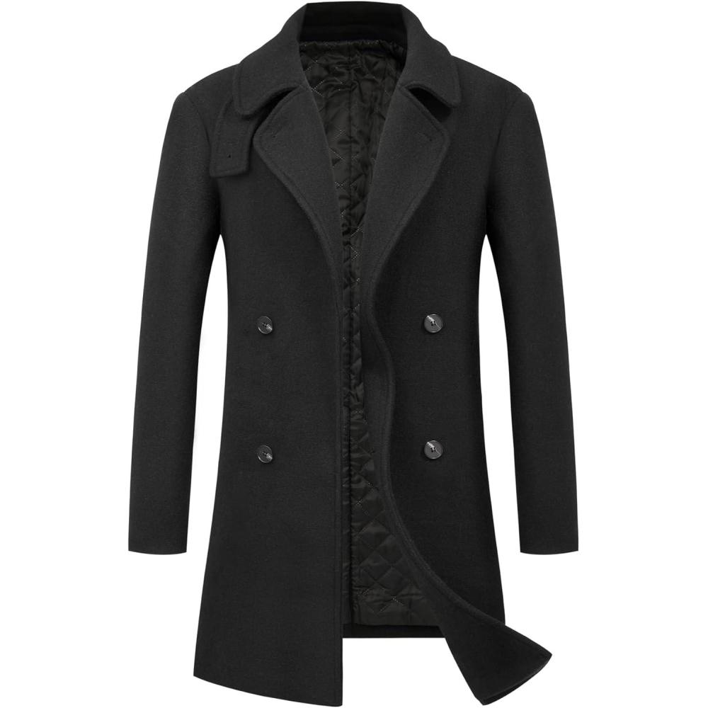imageWULFUL Men Wool Trench Coat Slim Fit Winter CoatBlack0040