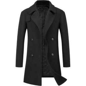 WULFUL Men Wool Trench Coat Slim Fit Winter Coat(Black(0040))