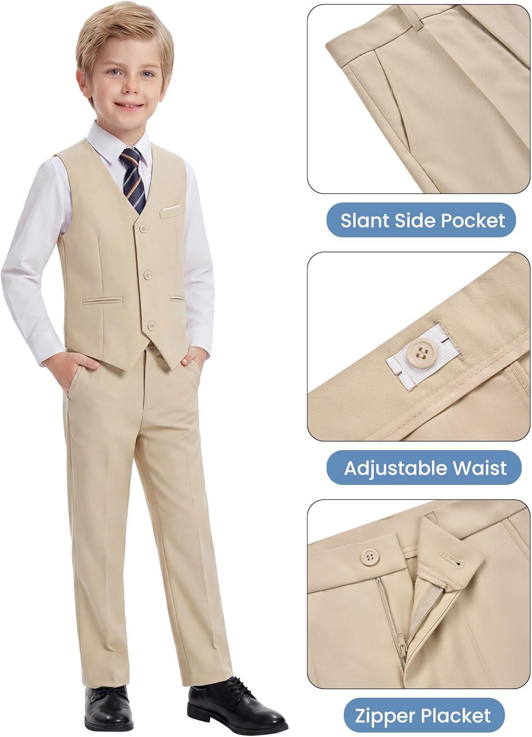 imageWULFUL Boys Suits 5Pieces Formal Slim Fit Tuxedo Suit SetTeen Suits for Wedding Ring Bearer Church OutfitLight Khaki
