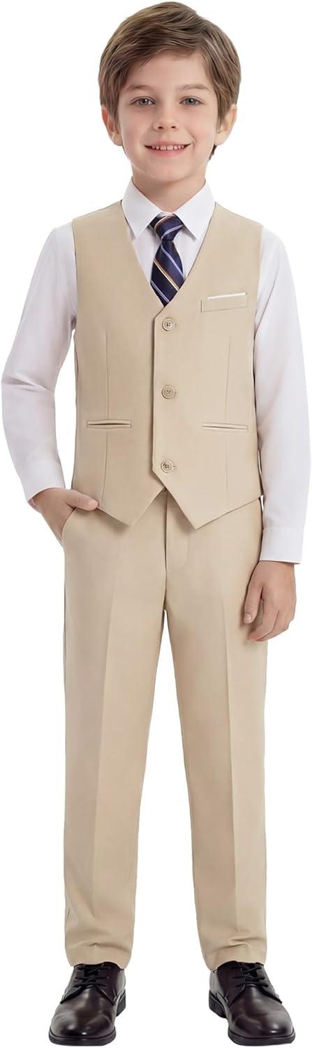 imageWULFUL Boys Suits 5Pieces Formal Slim Fit Tuxedo Suit SetTeen Suits for Wedding Ring Bearer Church OutfitLight Khaki