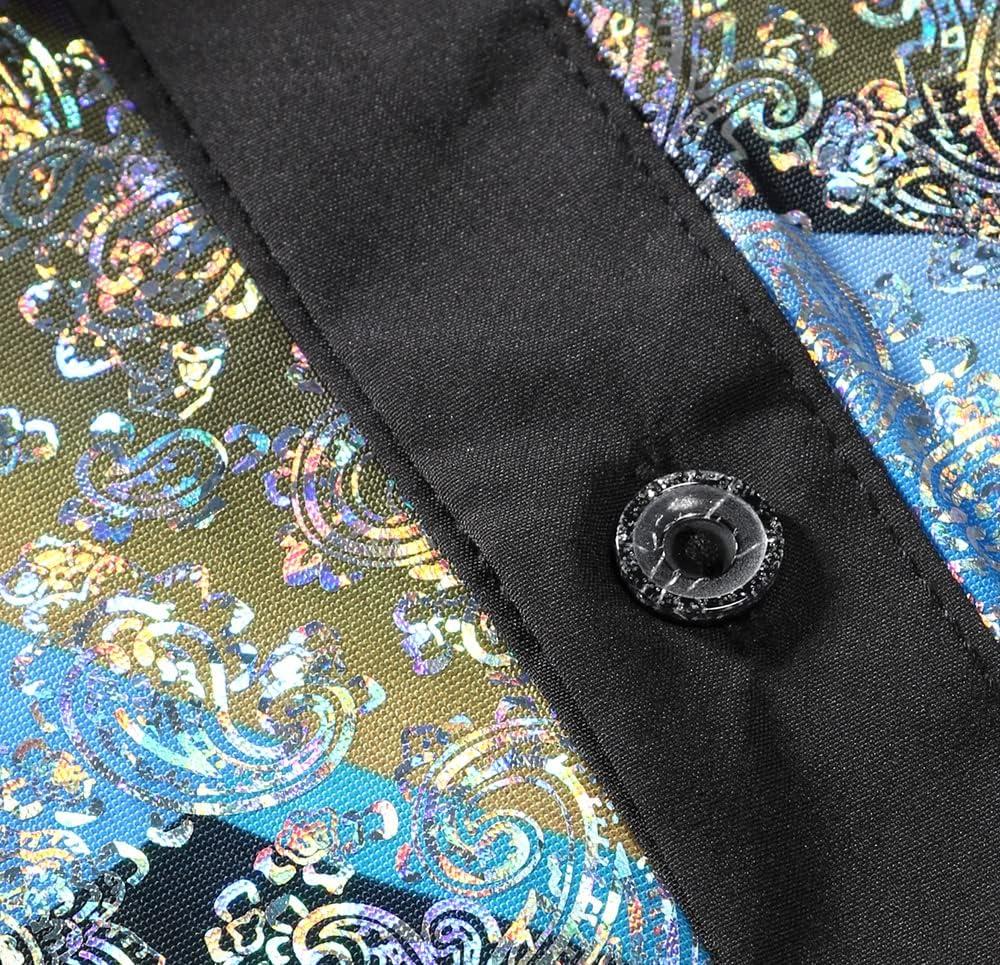 imageWULFUL Mens Disco Shirt Short Sleeve Dress Shirts Sequins 70s Party Costume Button Down Shirts