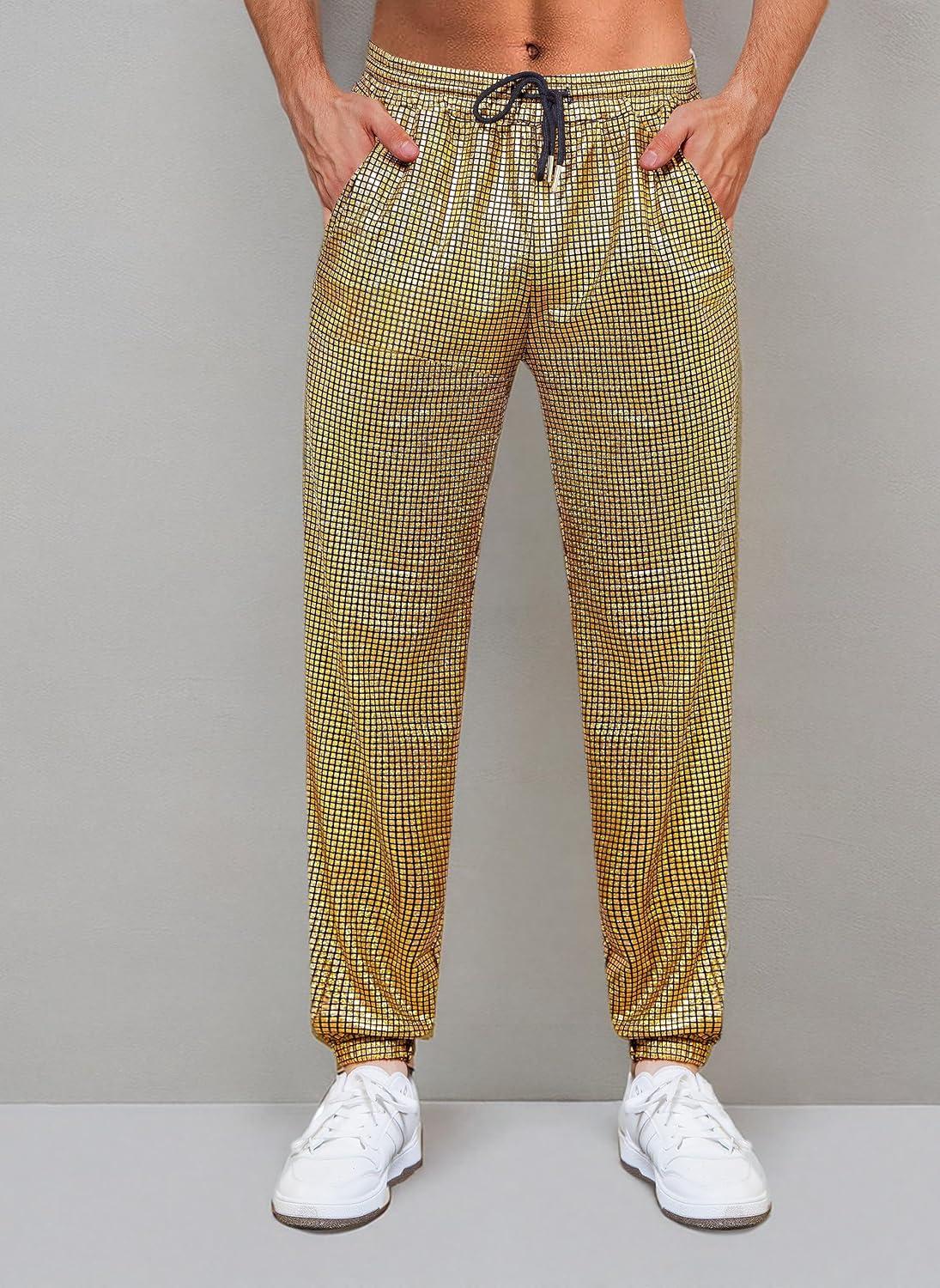 imageWULFUL Mens Metallic 70s Disco Costume Sequin Party Jogger PantsGold