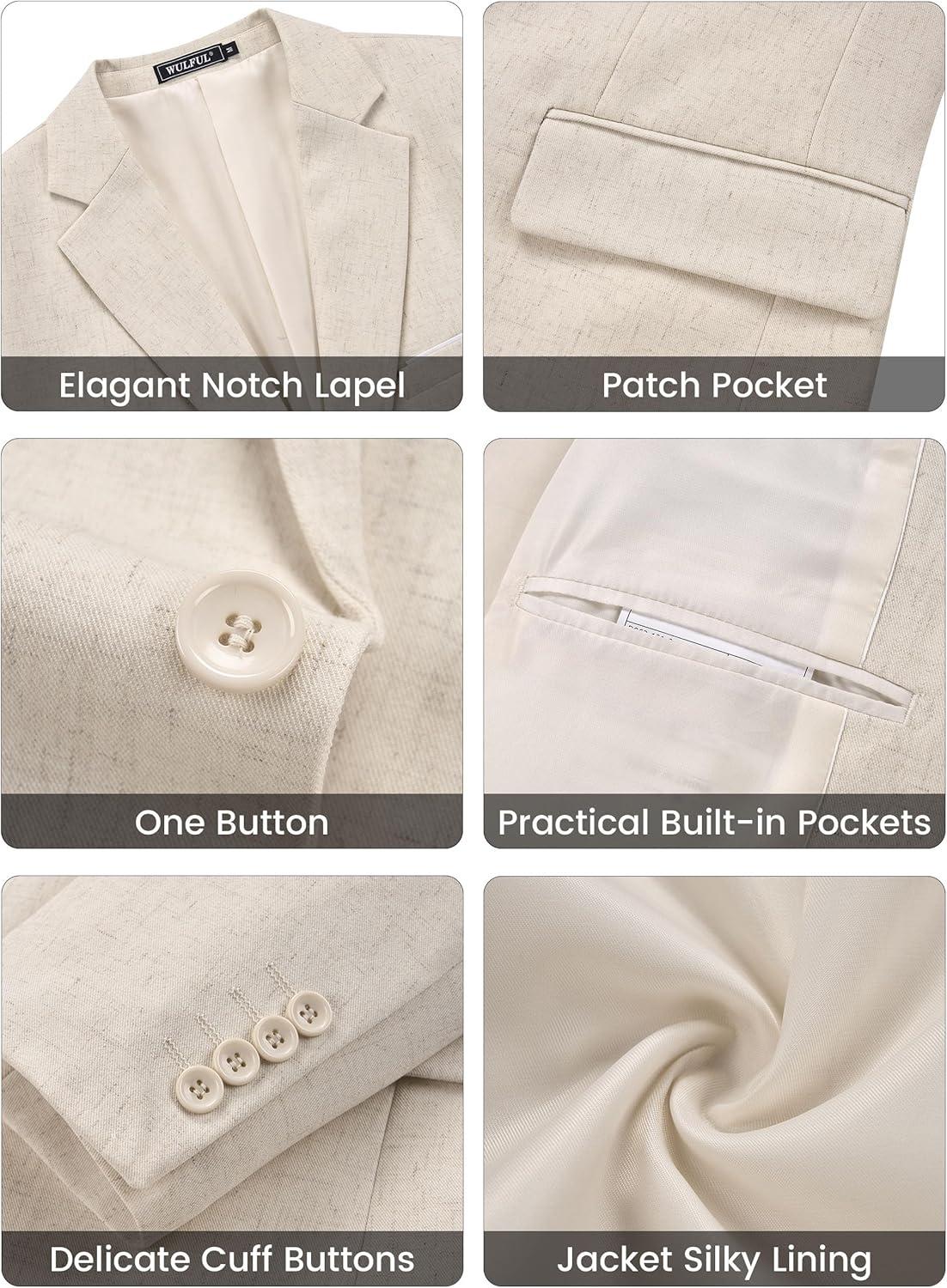 imageWULFUL Mens Suit 3 Piece Slim Fit Suits for Men One Button Blazer Jacket Pants Tuxedo Suit Set for Prom Wedding and BusinessBeige