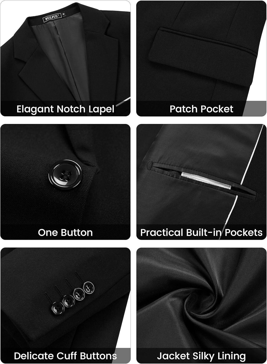 imageWULFUL Mens Suit 3 Piece Slim Fit Suits for Men One Button Blazer Jacket Pants Tuxedo Suit Set for Prom Wedding and BusinessBlack