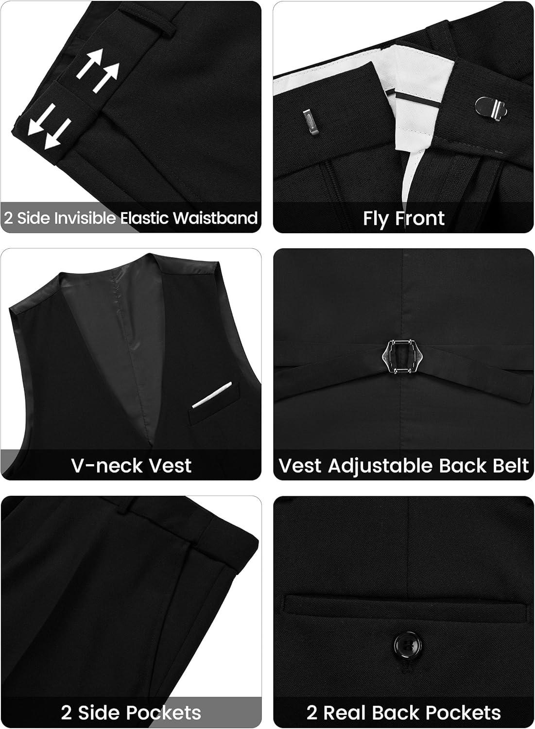 imageWULFUL Mens Suit 3 Piece Slim Fit Suits for Men One Button Blazer Jacket Pants Tuxedo Suit Set for Prom Wedding and BusinessBlack