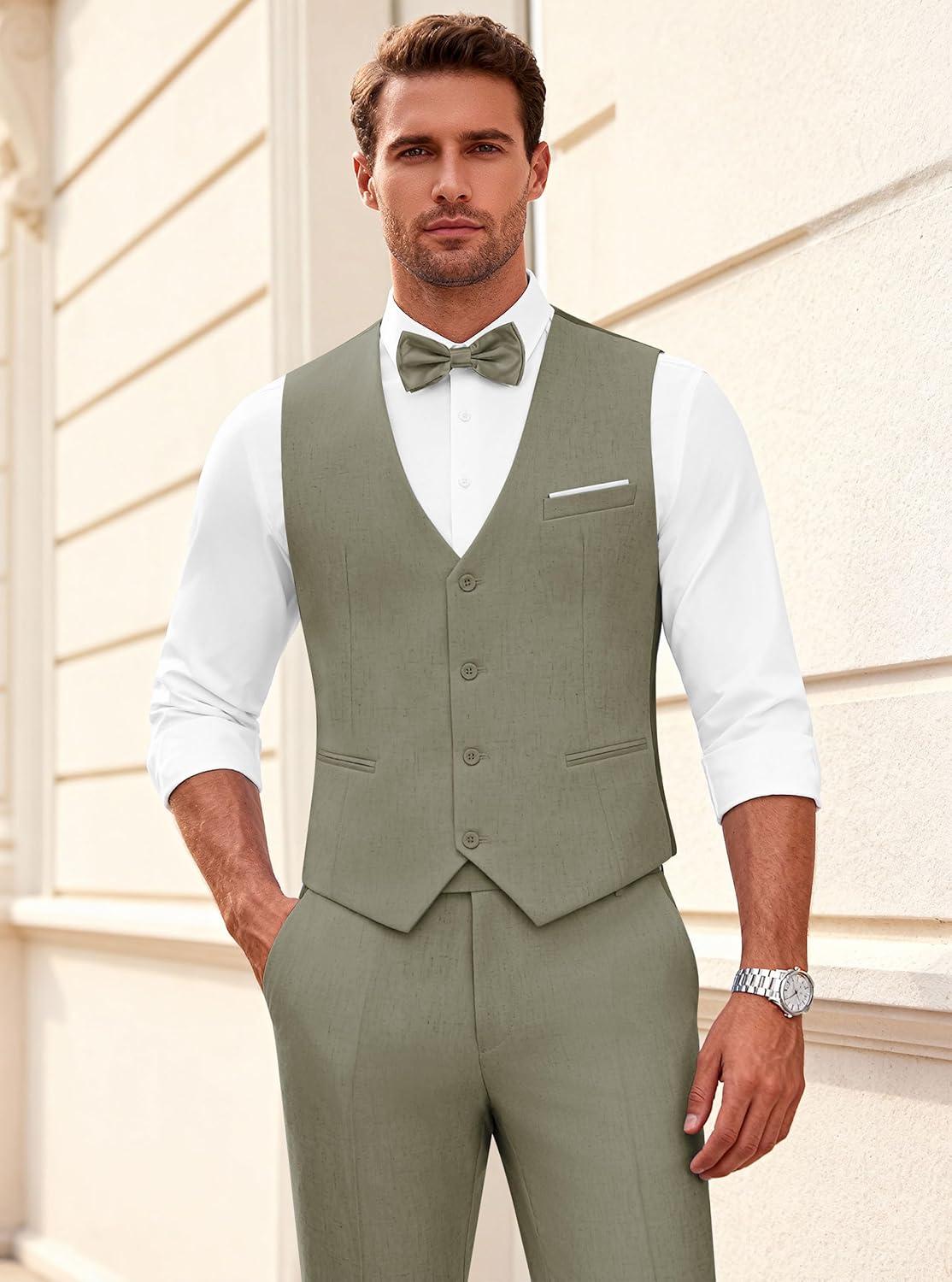 imageWULFUL Mens Suit 3 Piece Slim Fit Suits for Men One Button Blazer Jacket Pants Tuxedo Suit Set for Prom Wedding and BusinessBrown