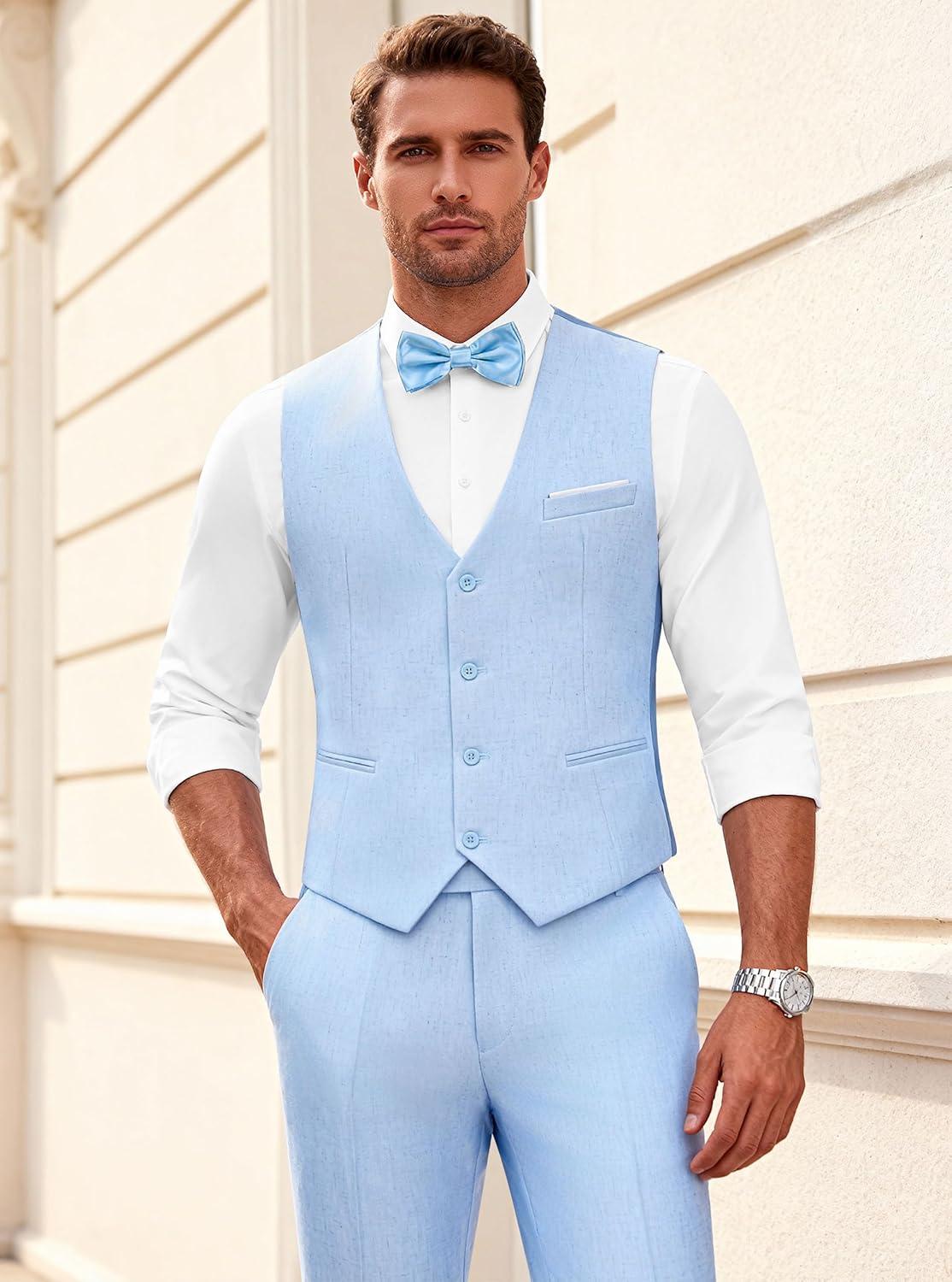 imageWULFUL Mens Suit 3 Piece Slim Fit Suits for Men One Button Blazer Jacket Pants Tuxedo Suit Set for Prom Wedding and BusinessLight Blue
