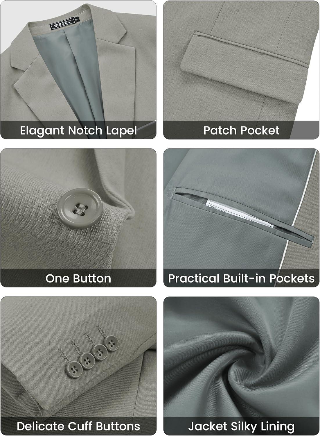 imageWULFUL Mens Suit 3 Piece Slim Fit Suits for Men One Button Blazer Jacket Pants Tuxedo Suit Set for Prom Wedding and BusinessLight Grey