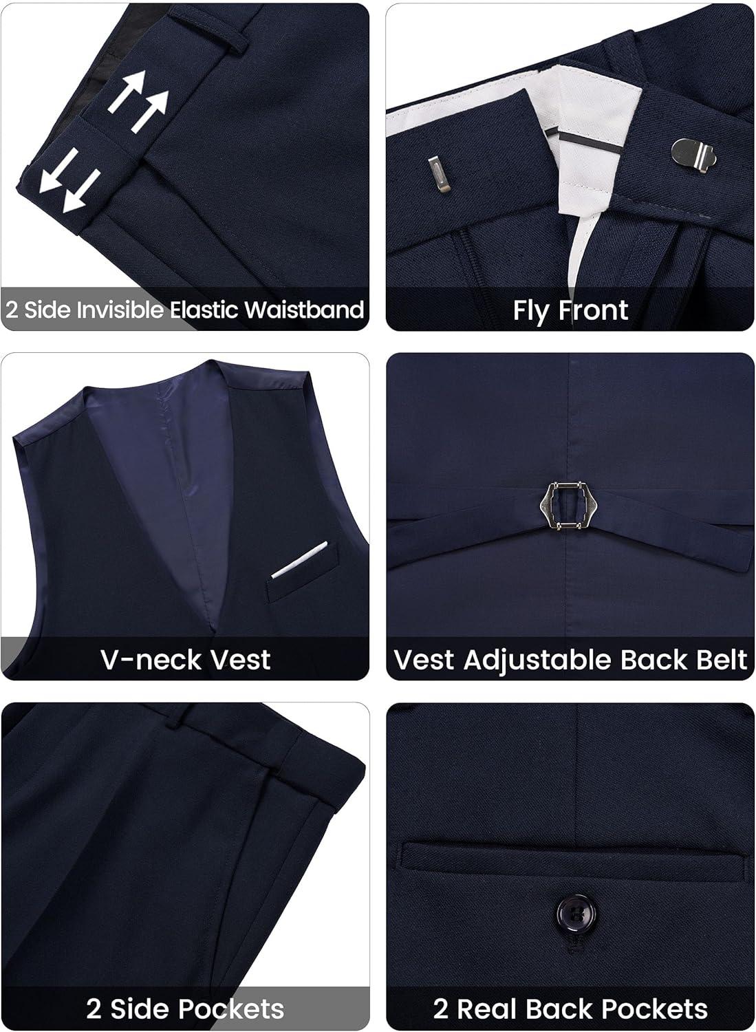 imageWULFUL Mens Suit 3 Piece Slim Fit Suits for Men One Button Blazer Jacket Pants Tuxedo Suit Set for Prom Wedding and BusinessNavy